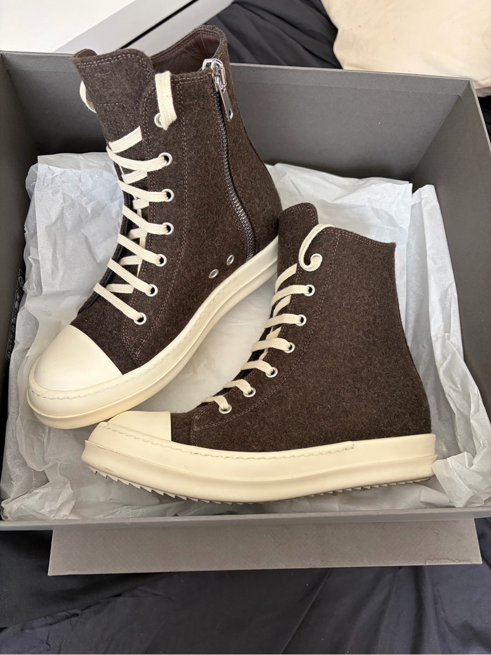 Rick Owens High-Top Wool Sneakers in Brown with Cream Sole